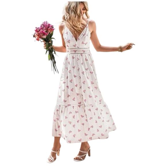 Fairy Garden Maxi Dress Cottage Eyelet Rose Dainty Ethereal Feminine Plunge V - Picture 1 of 15